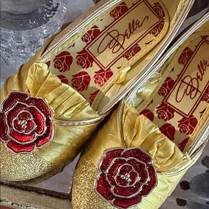 Disney Princess Belle Little Girls Gold Flats with Red Floral Accent 11/12